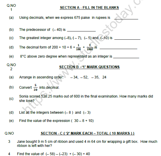 CBSE Class 6 Mathematics Worksheet Set N Solved